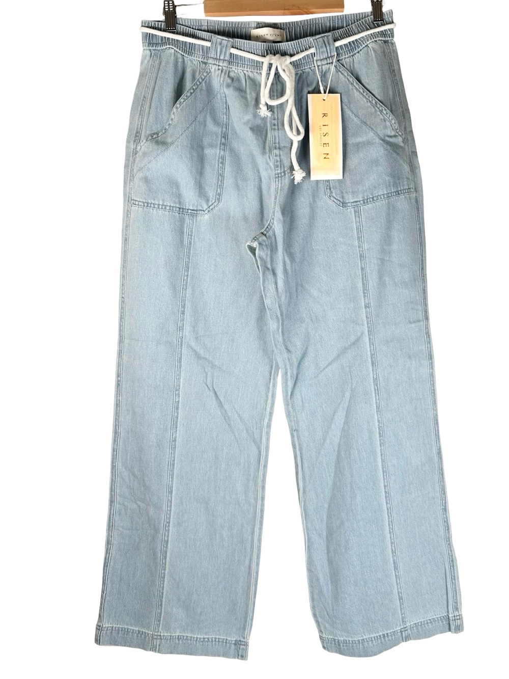 Risen Light Wash Blue Cotton Wide Leg High Rise Belted Jean Pants Size XL NWT
